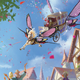 Fantastical onlookers gaze at the sky as a butterfly-winged horse-and-carriage, driven by two elves, soars through the air.